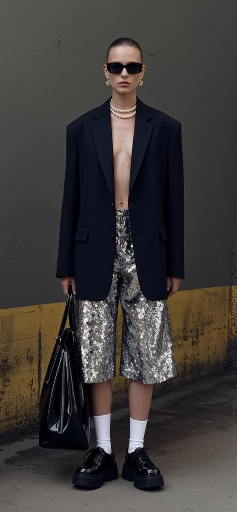 Urban Alley Fashion Woman Pearl Necklace Sequin Culottes