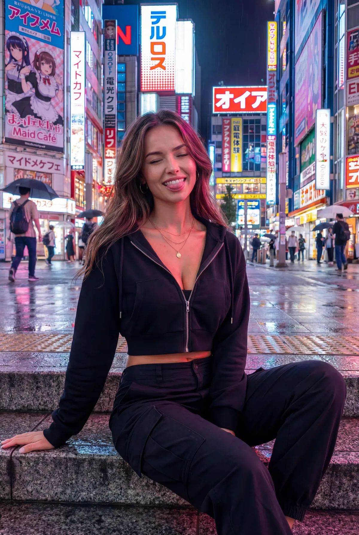 Tokyo Night Portrait Stone Steps Neon City