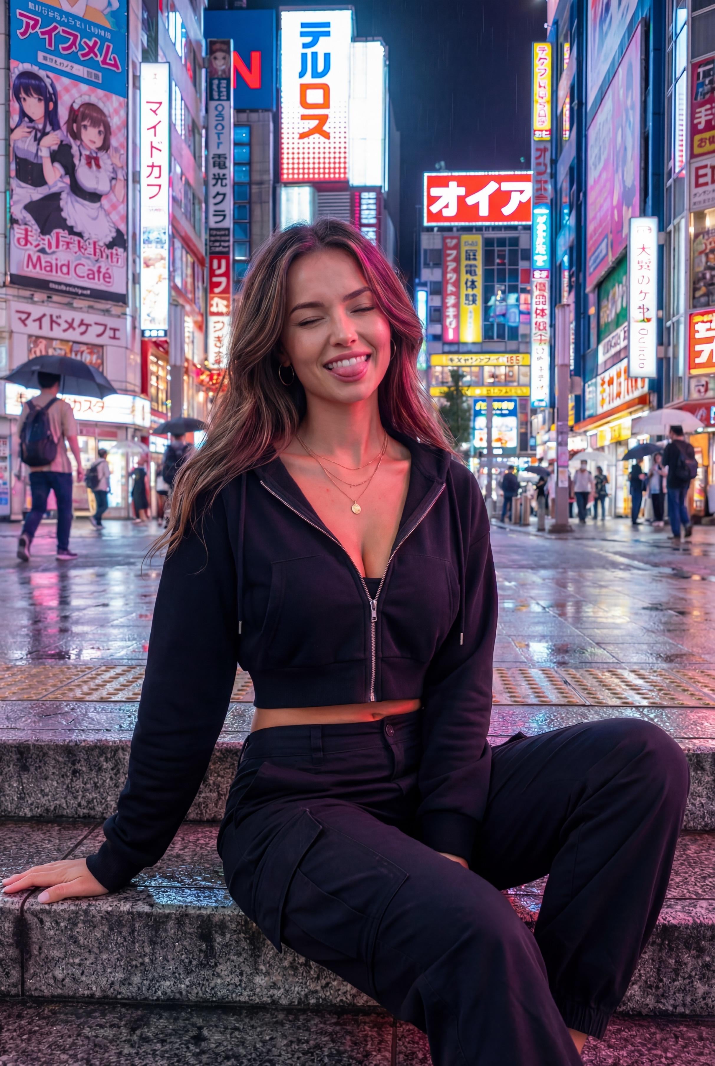 Tokyo Night Portrait Stone Steps Neon City