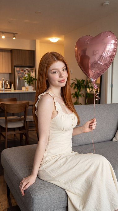 A woman in a cream midi dress sitting on a gray sectional couch holding a metallic pink heart-shaped balloon in a modern apartment living room.