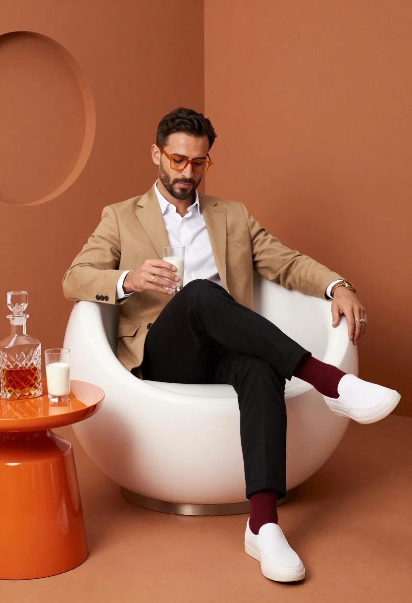 Stylish Man Sits Casually Large White Pod Chair Against Warm