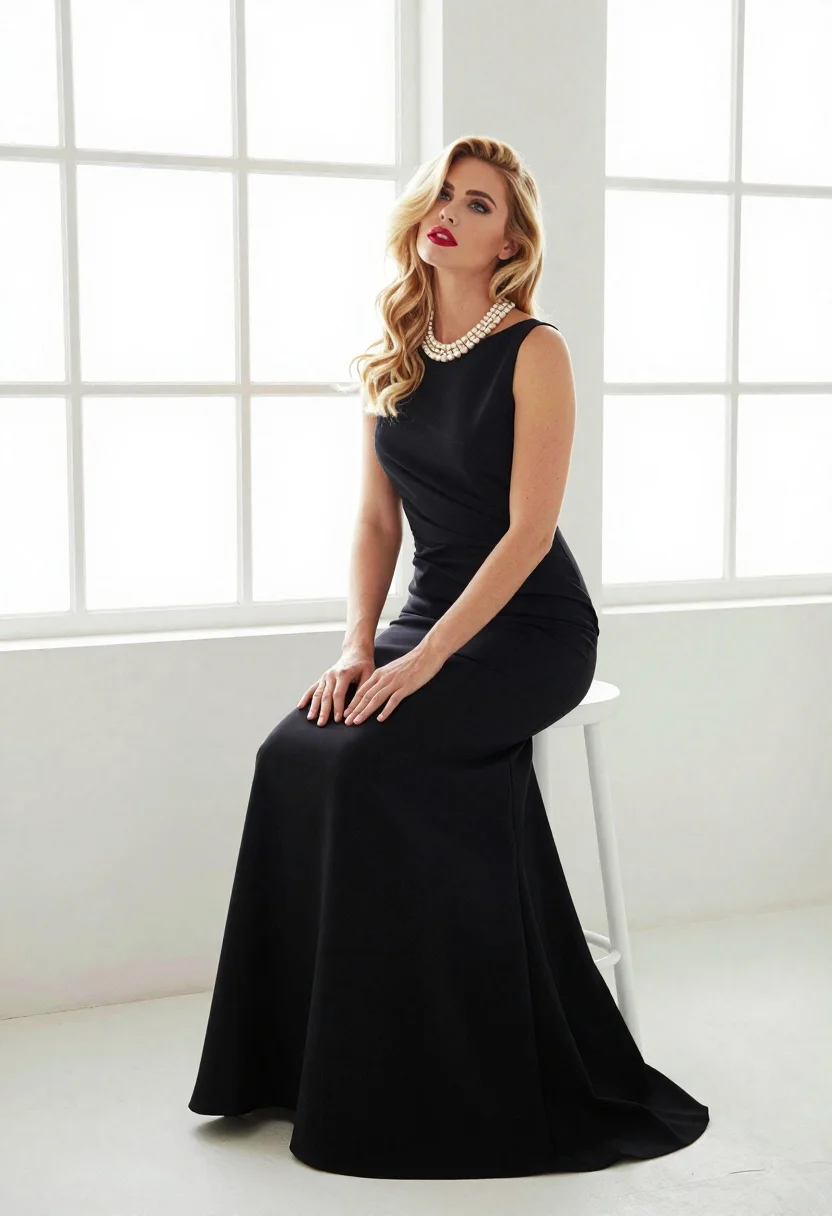 Woman With Blonde Wavy Hair Sits Elegantly White Stool Bright reference photo