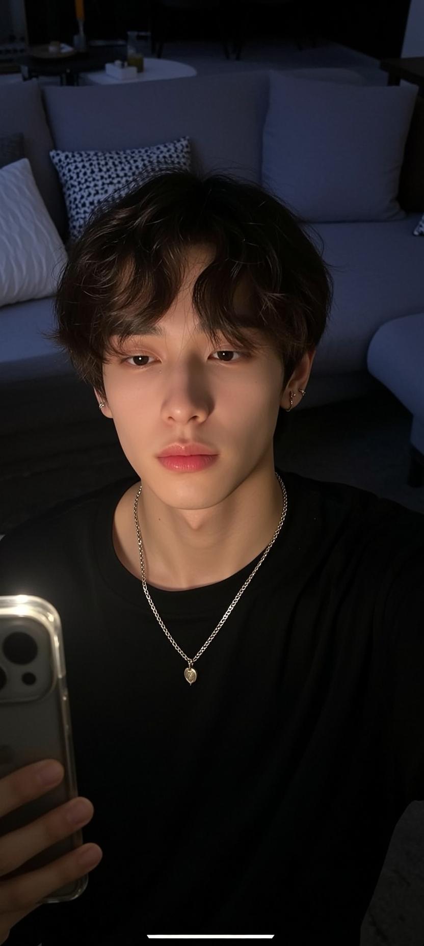Man Taking Selfie Black T Shirt Silver Chain