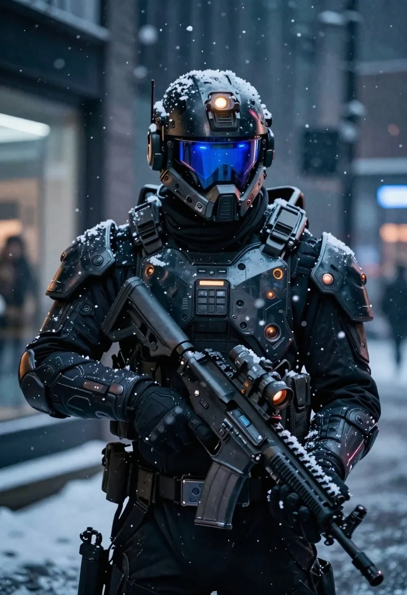 Dark Sci-fi Portrait Futuristic Soldier Standing Heavy Snowfall Subject Heavily reference photo