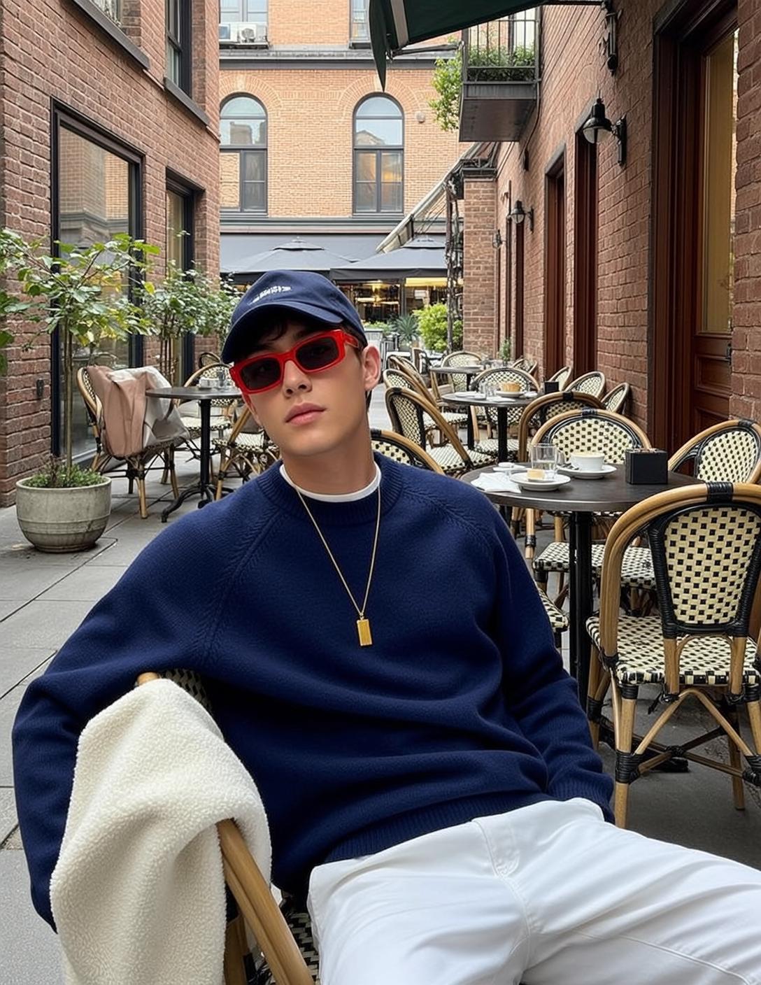Navy Sweater Outdoor Cafe