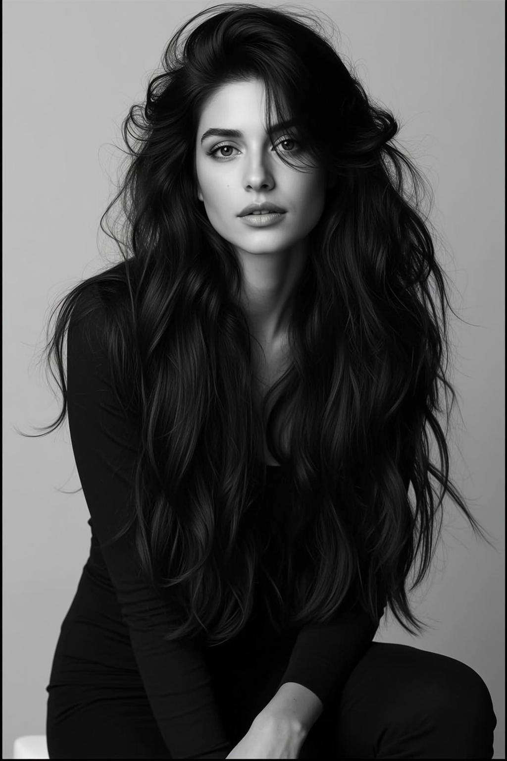 Black And White Medium Shot Portrait Young Woman With Long