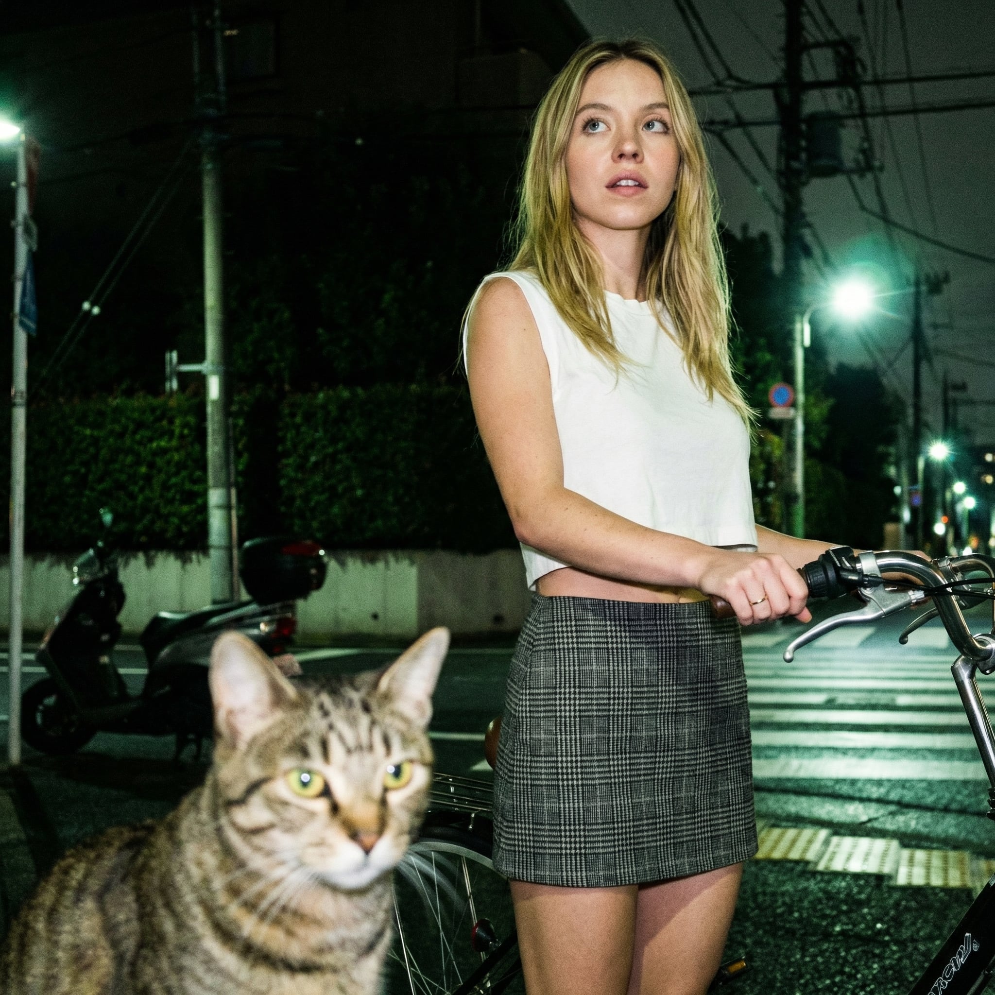 A person in a crop top and mini-skirt stands holding a bicycle on a night street, with a tabby cat in the foreground and glowing streetlights.