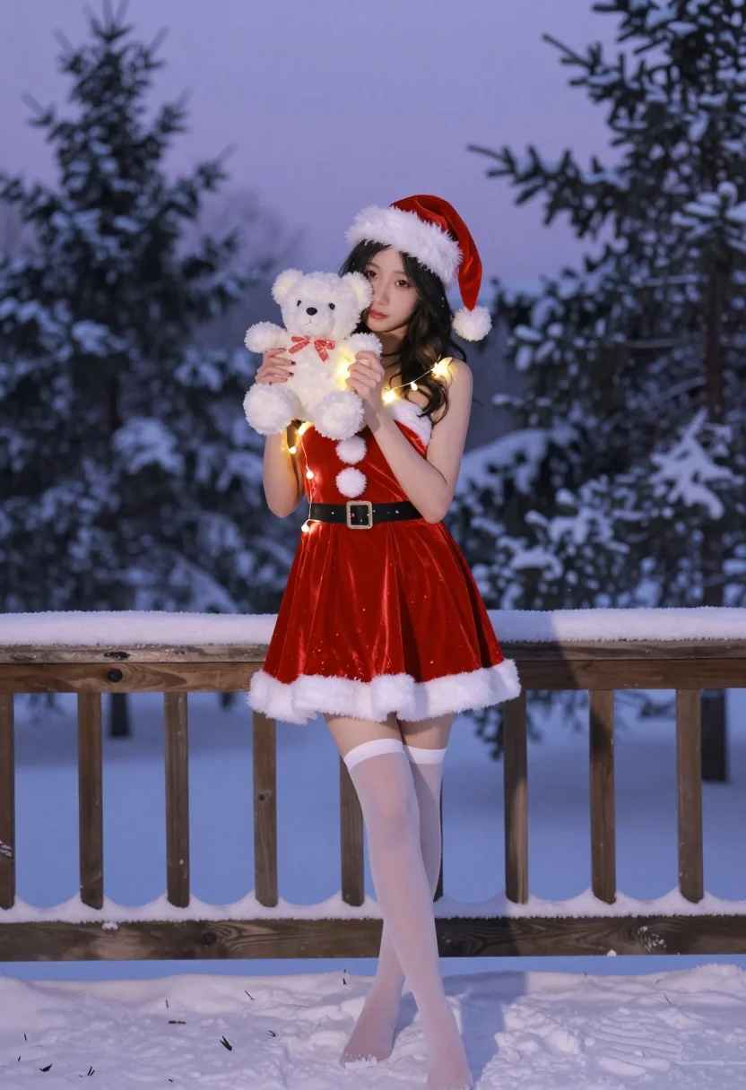 Young Woman Stands Snowy Outdoor Setting During Twilight Holding White