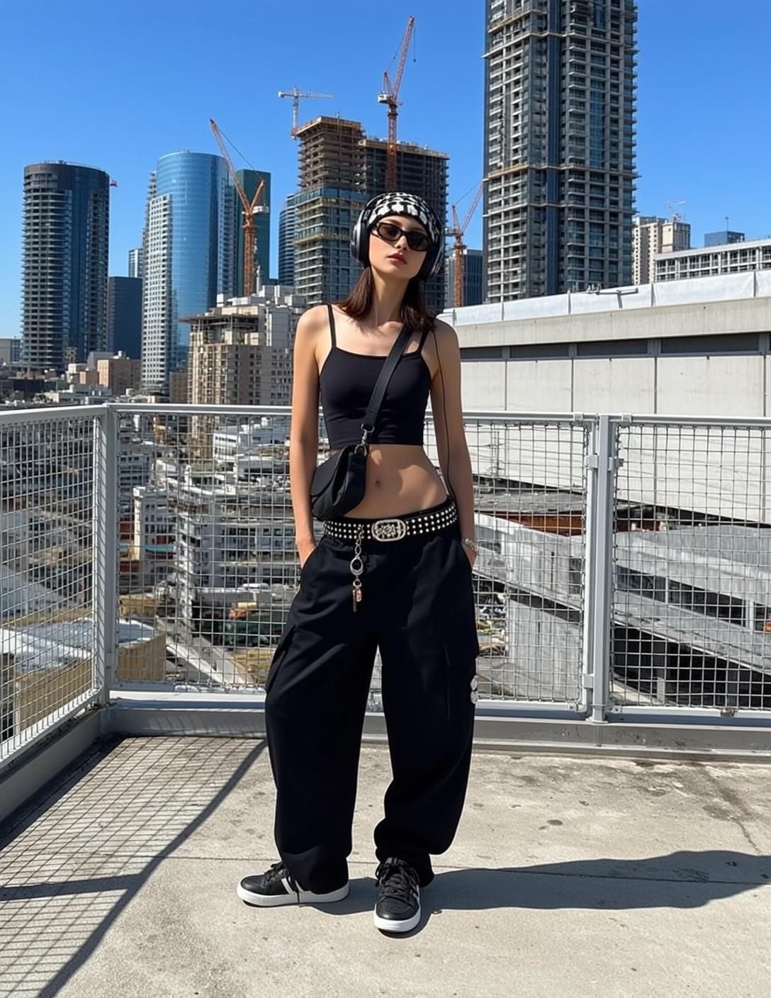 Rooftop Girl Black Outfit City Skyline