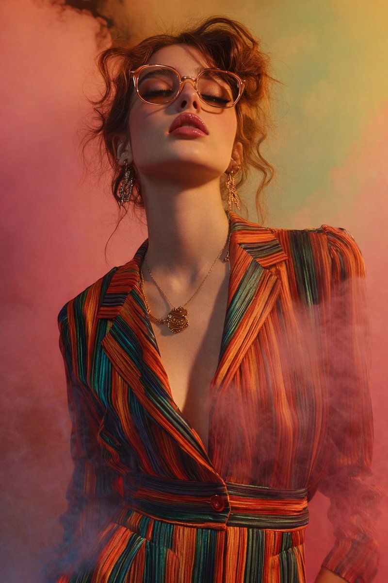 Elegant fashion portrait of a female presenting individual with soft waves, warm lighting, and intricate accessories in a studio setup.