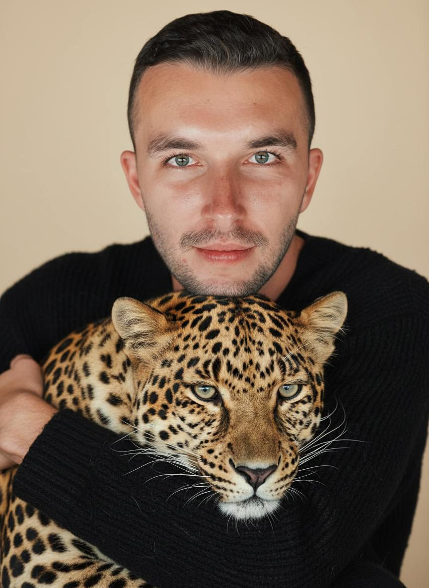 Close-up portrait of a person holding a leopard, with dark textured clothing and a light beige background.