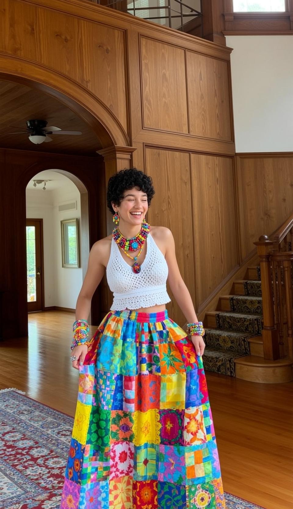 Laughing In Hallway With Crochet Top And Floral Skirt
