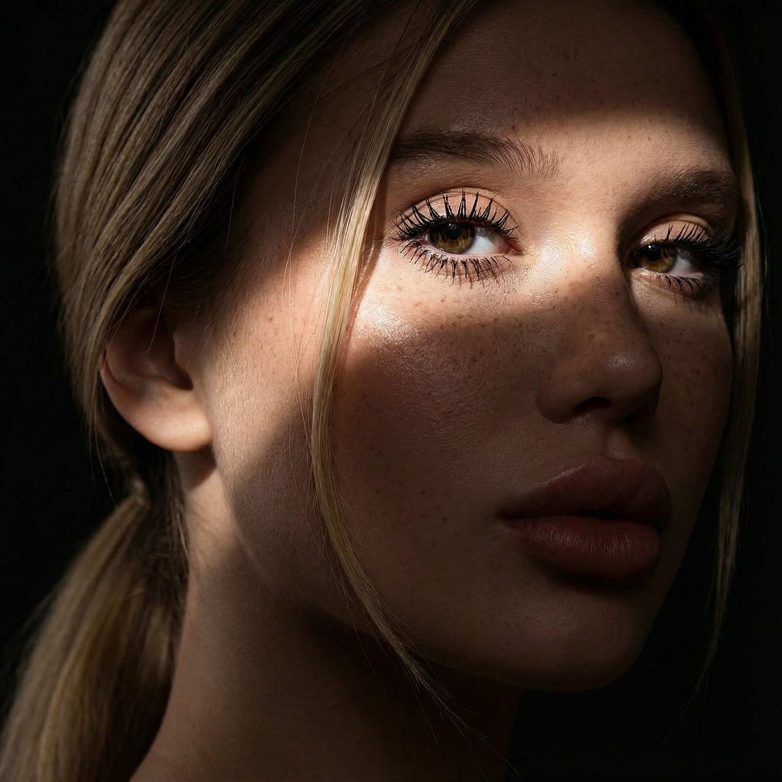 Close-up shot of a face with dramatic lighting, one eye illuminated, hair tied back with a strand falling down.