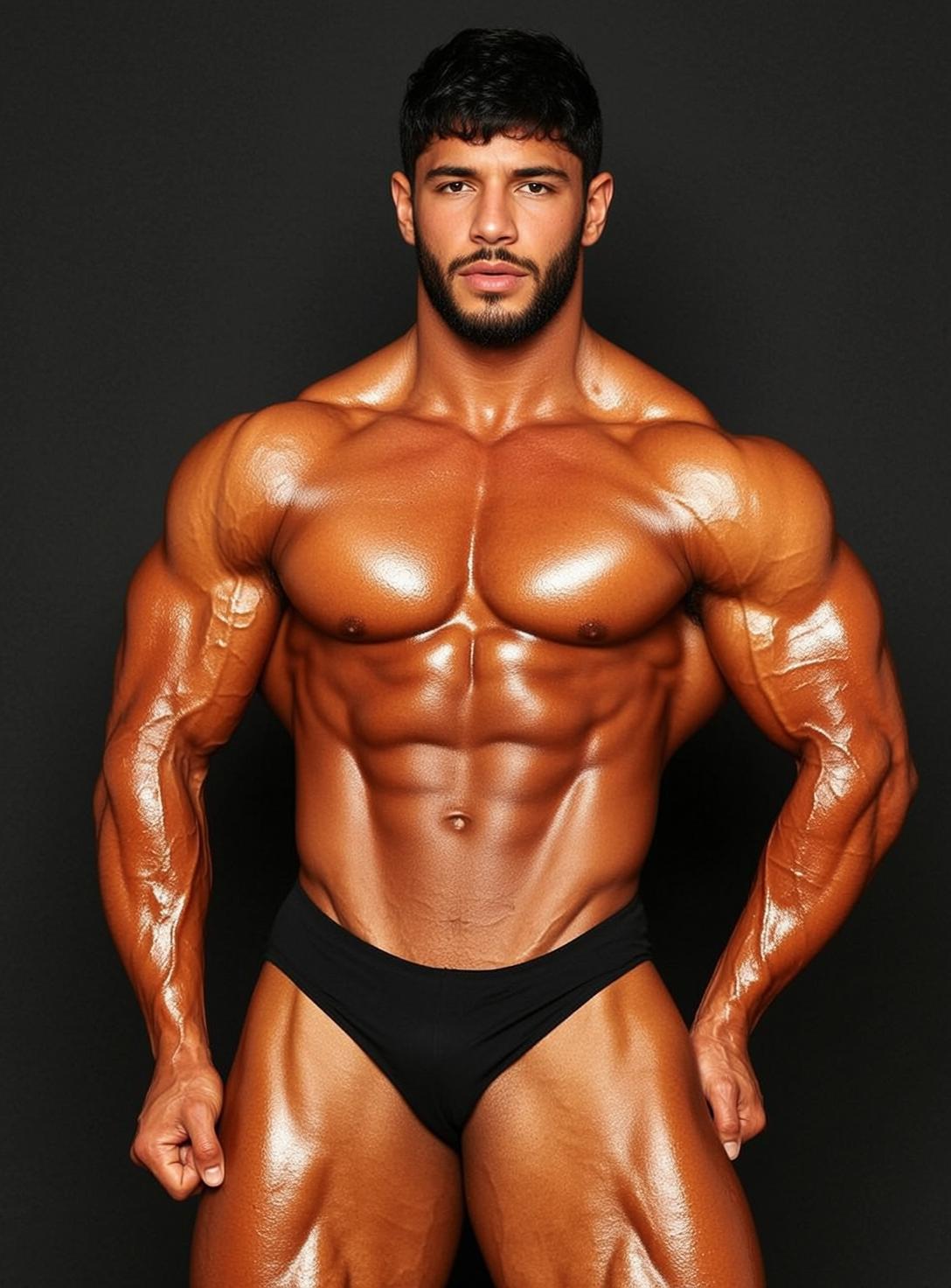 Muscular Short Black Hair Tan Briefs Standing