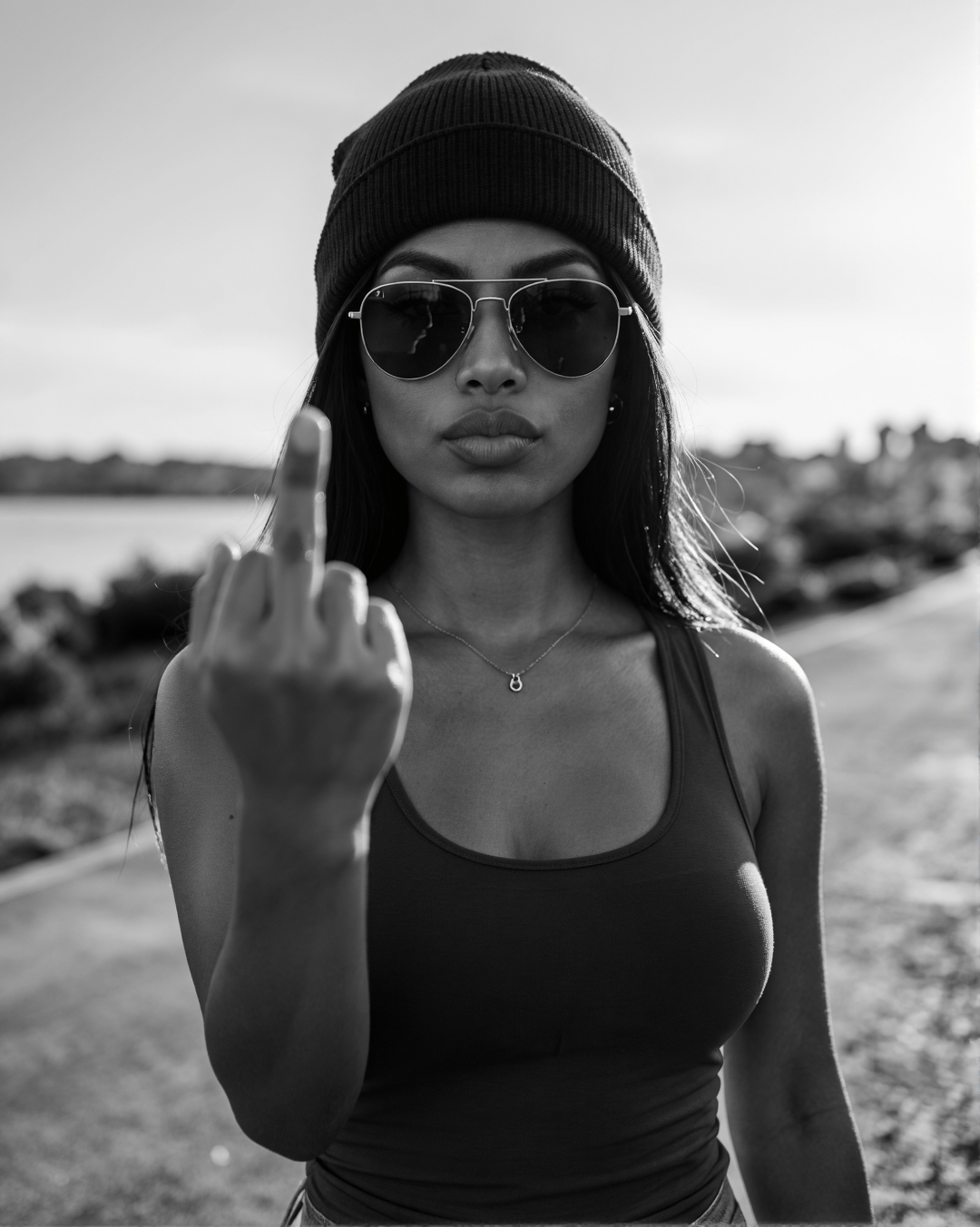 Contrast Black And White Medium Wearing Dark Ribbed Knit Beanie reference photo