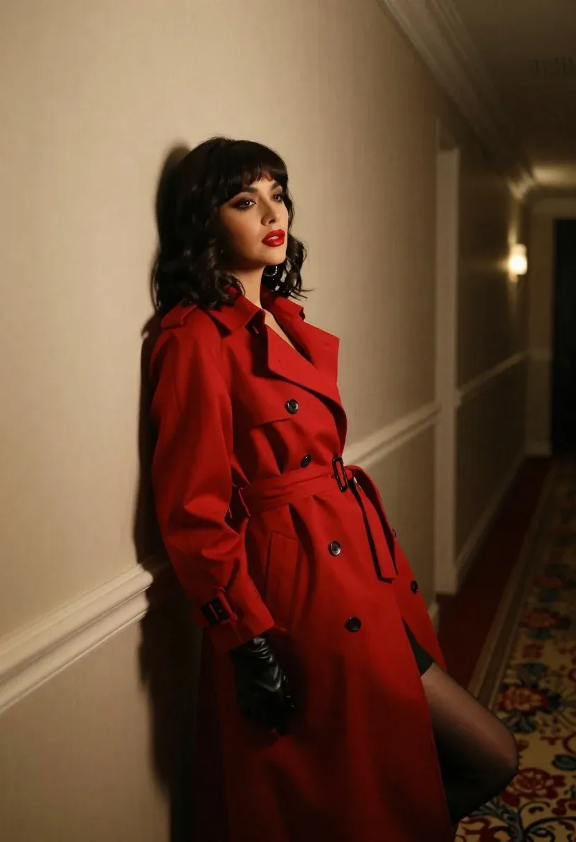Woman Red Trench Coat Reclines Against Wall Dimly Lit Hallway