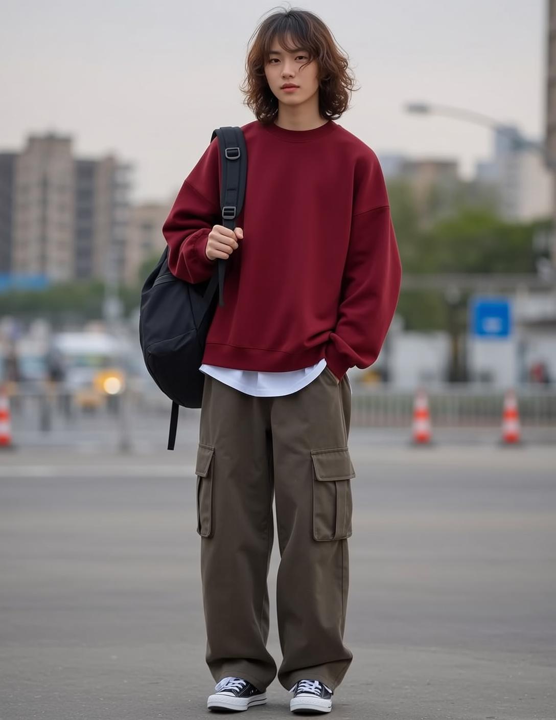Urban Street Fashion Maroon Sweatshirt Olive Cargo Pants