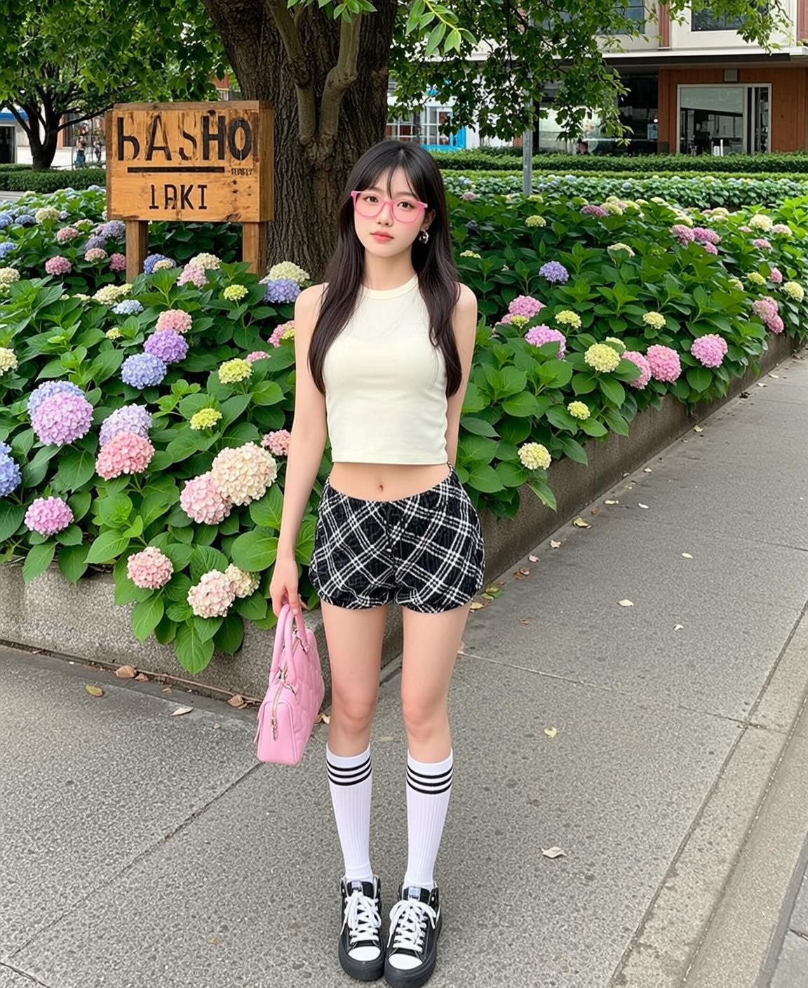 Plaid Shorts Hydrangea Sidewalk Look