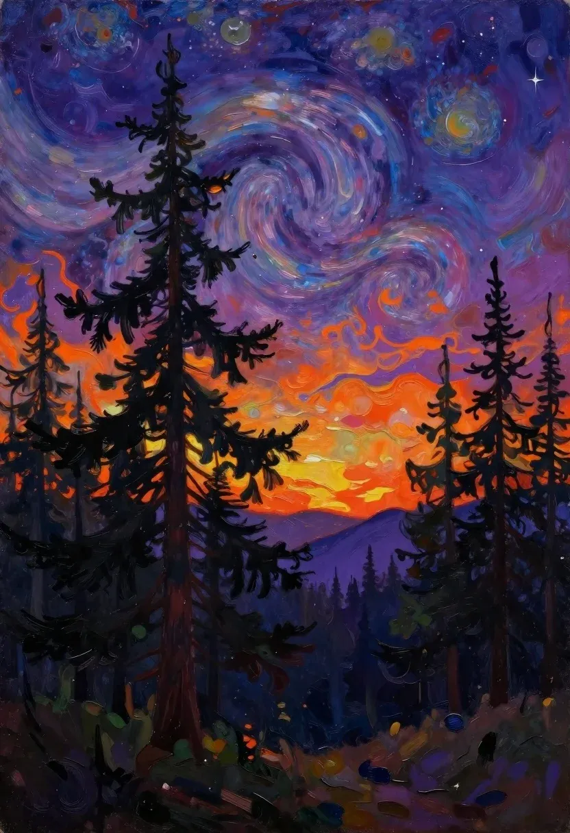 Oil Painting Mystical Forest Landscape Under Swirling Cosmic Sky Subject