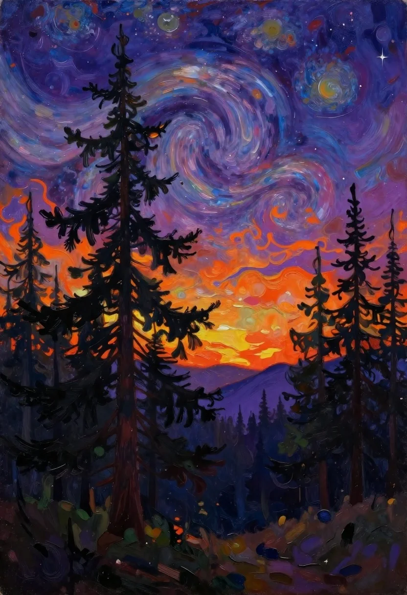 Oil Painting Mystical Forest Landscape Under Swirling Cosmic Sky Subject reference photo