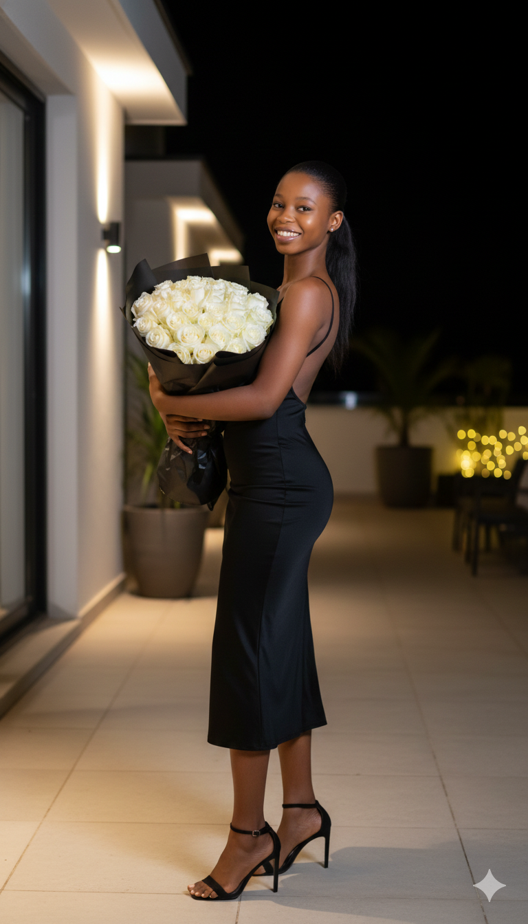 A beautiful young woman in a sleek black dress holding white roses on a modern terrace at night.