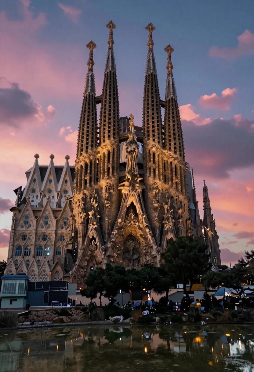 The Illuminated Facade The Sagrada Familia Cathedral Stands Majestically Against