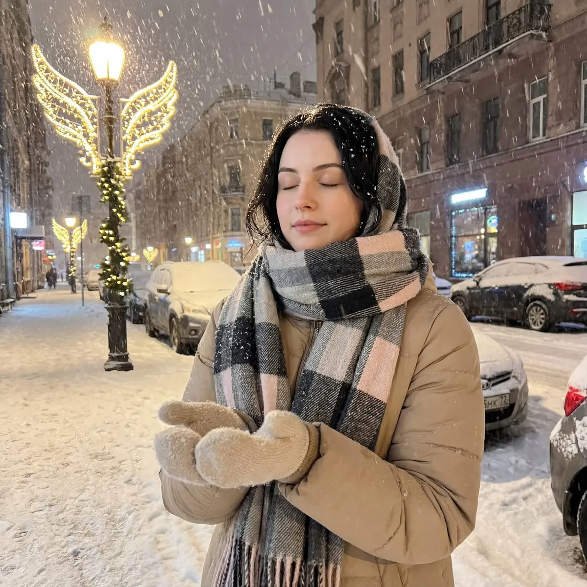 Beige Down Jacket Catching Snowflakes