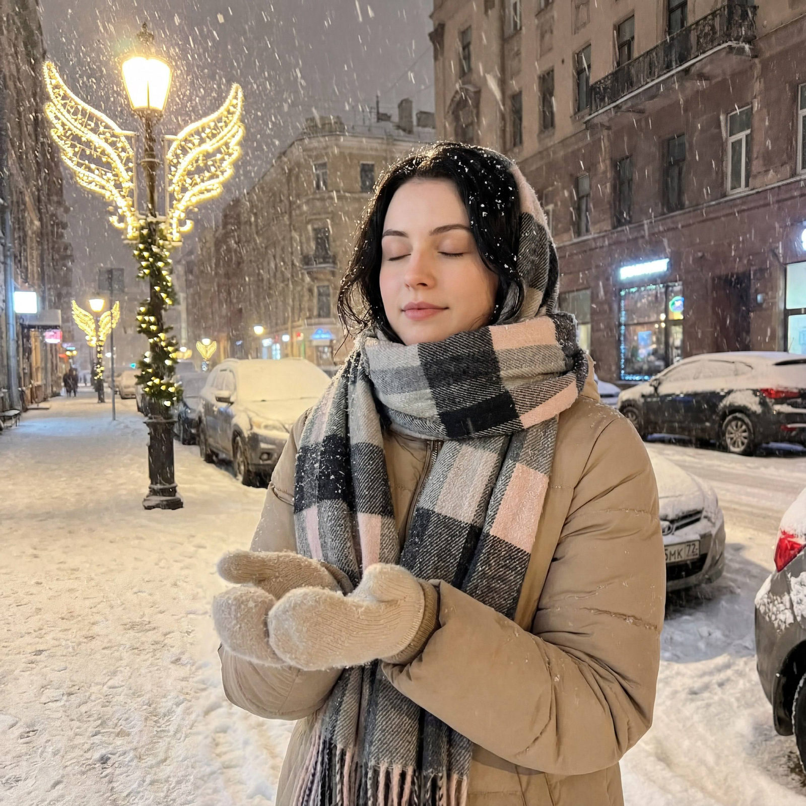 A serene woman in a beige down jacket with a plaid scarf, eyes closed, catching snowflakes on a snowy street.