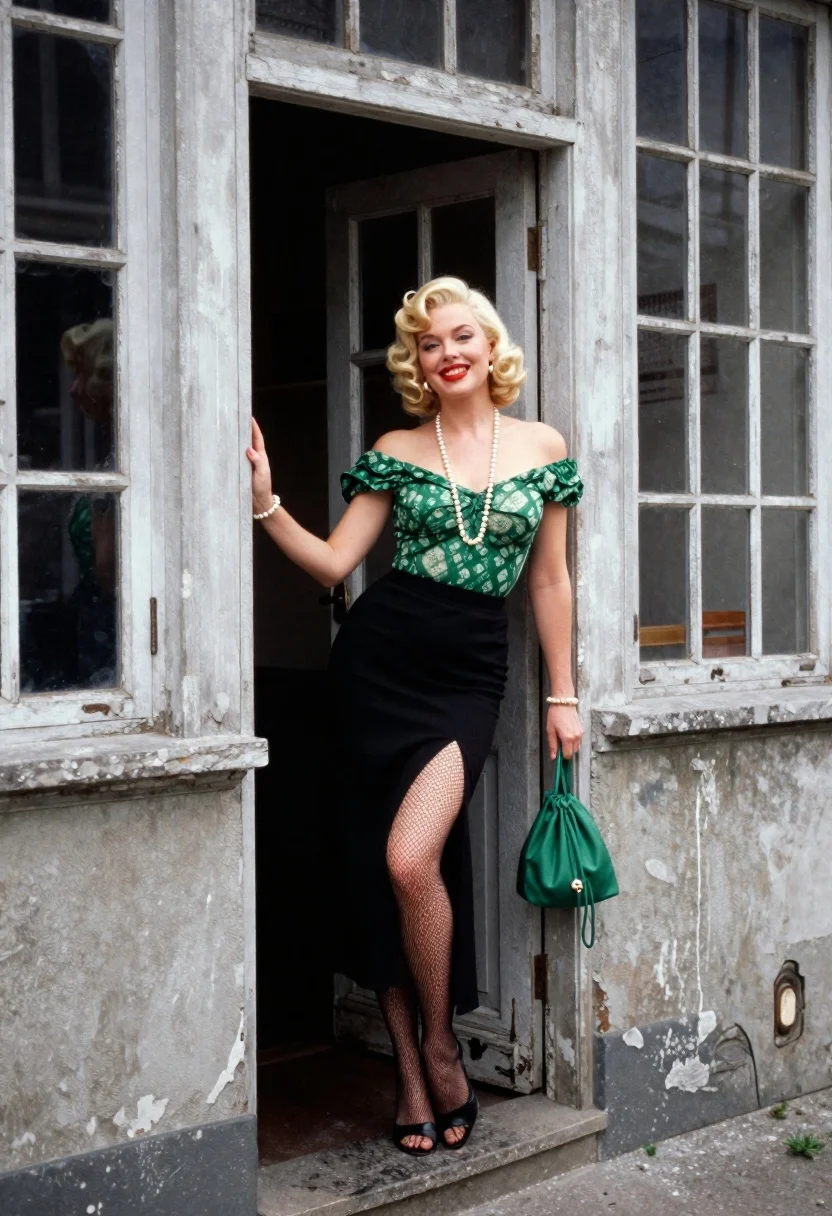 Glamorous Blonde Woman With Voluminous Updo Stands Confidently The Doorway reference photo