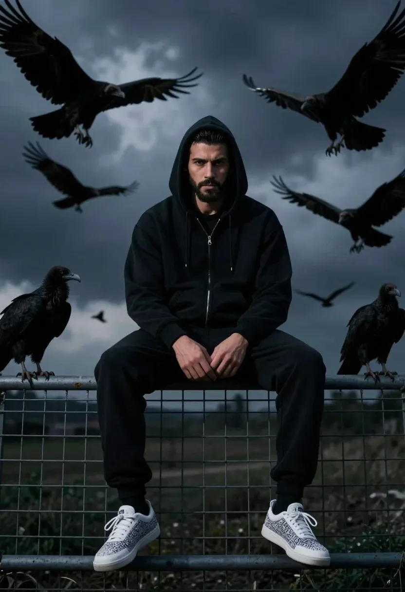 Dark Cinematic Portrait Man Sitting Metal Fence With Black Vultures