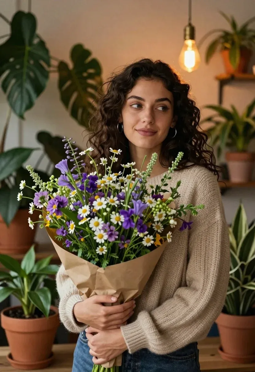 Young Woman With Dark Wavy Hair Holds Large Bouquet Wildflowers