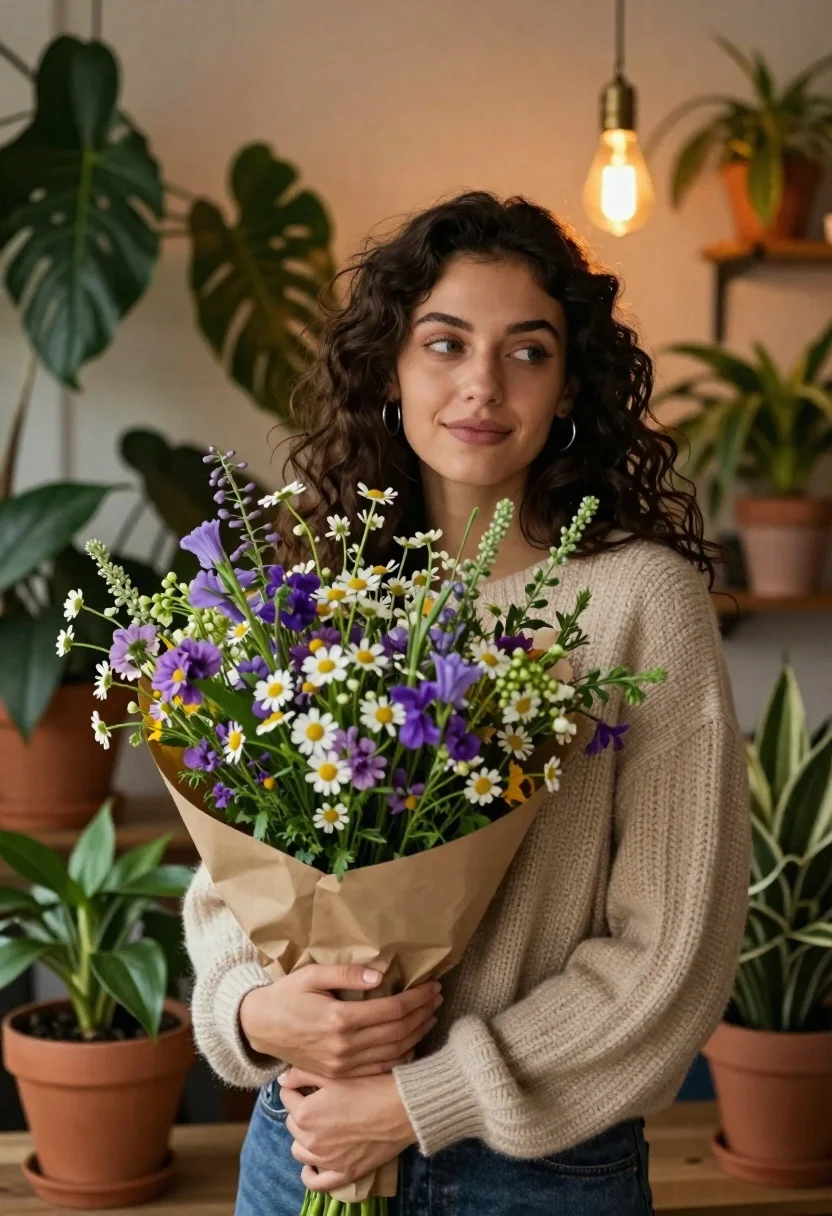 Young Woman With Dark Wavy Hair Holds Large Bouquet Wildflowers