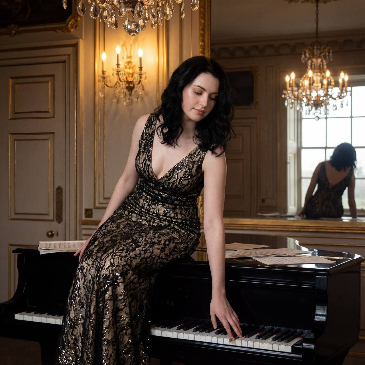 A woman with long wavy brown hair sits elegantly on a grand piano, surrounded by richly decorated 18th-century décor and warm golden tones.