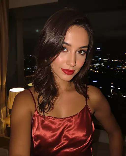 A hyper-realistic selfie of a 22-year-old brunette woman in a deep red satin dress, smiling softly near a hotel room window.