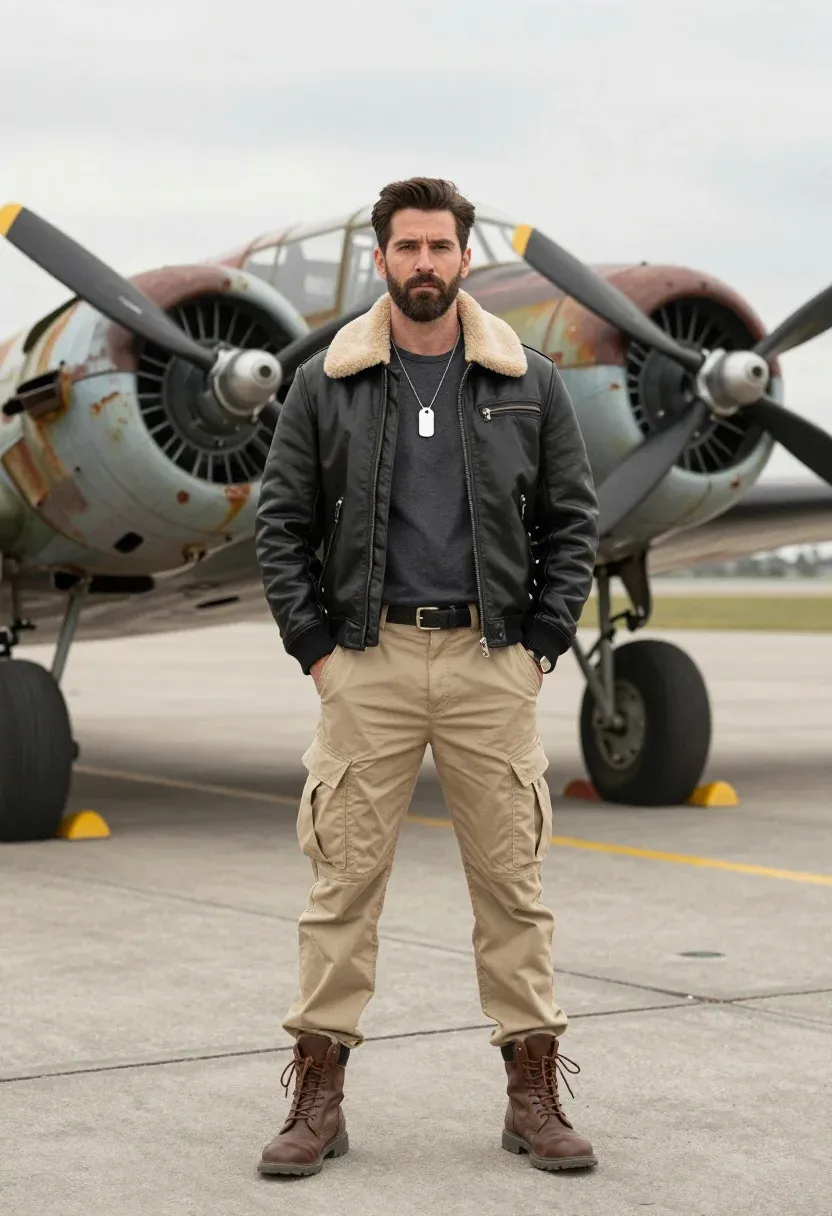 Man Stands Confidently Front Large Weathered Vintage Airplane Airfield Subject