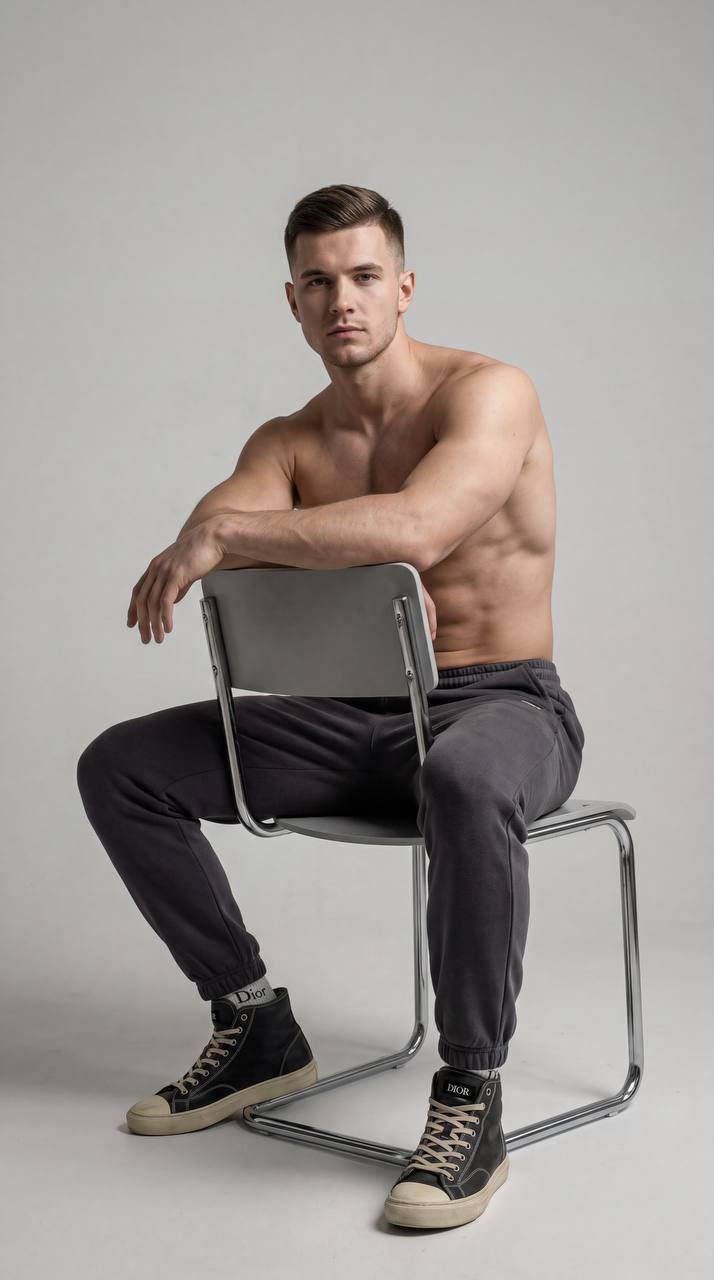 Athletic Man Sitting Backwards On Chair Studio