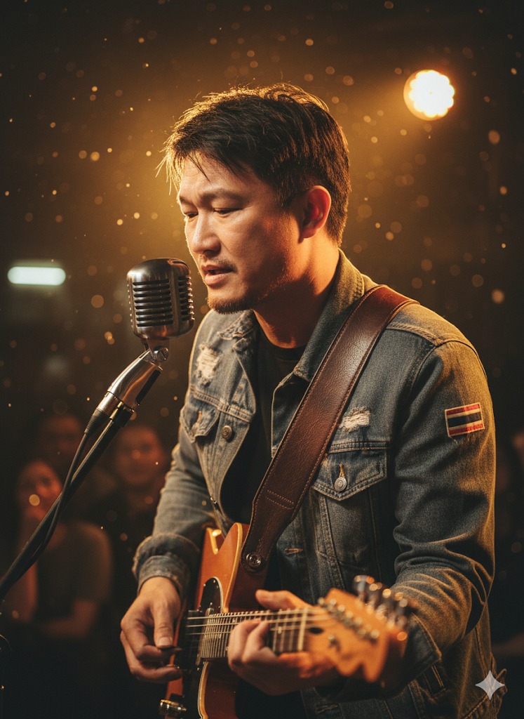 Focused male singer in a denim jacket passionately playing an orange-brown electric guitar on stage with warm backlighting.