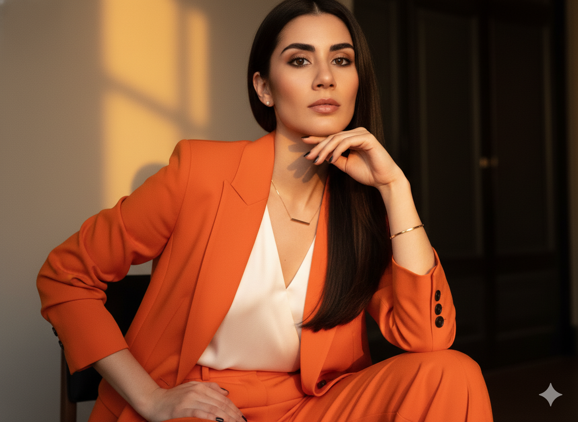 A confident woman in an orange blazer and trousers sitting elegantly, with long dark hair and flawless makeup.