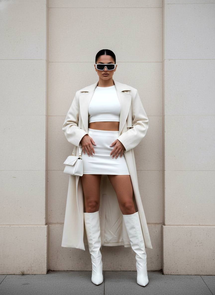 A high-fashion portrait of a woman in a cropped long-sleeve top and structured skirt, posing confidently in front of a light stone wall.