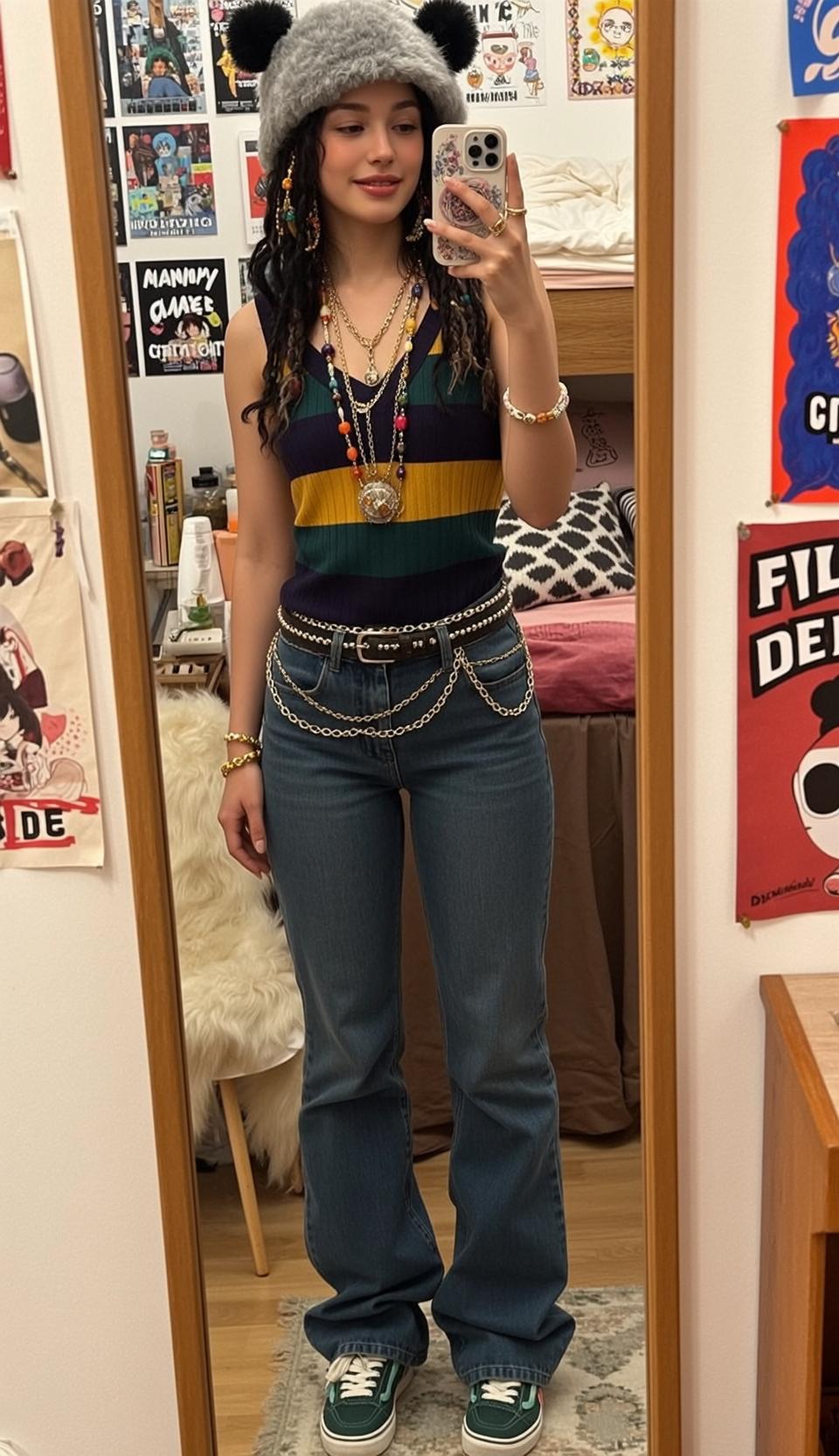 Striped Tank Top Denim Flares Fuzzy Hat