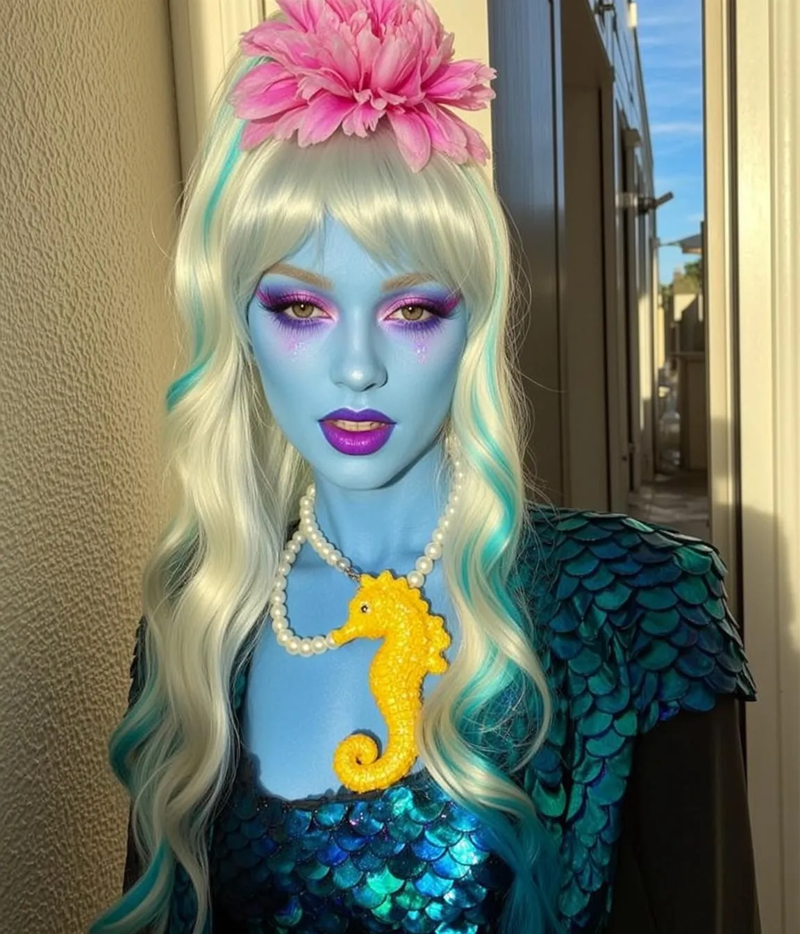 Wig Body Paint Necklace Lashes And Makeup By A Wall