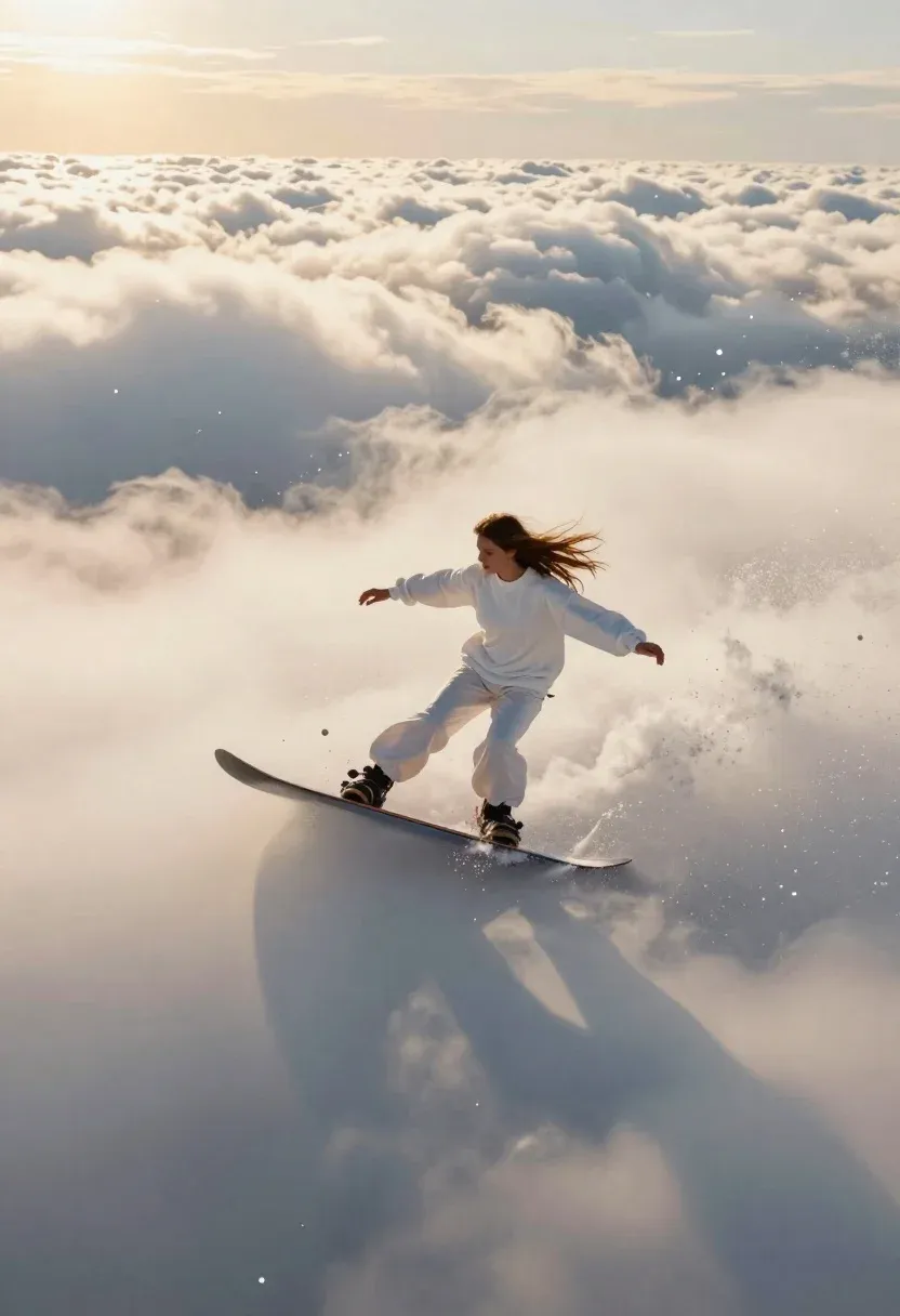 Photorealistic High-angle Shot Capturing Surreal Moment Surfing Above The Clouds