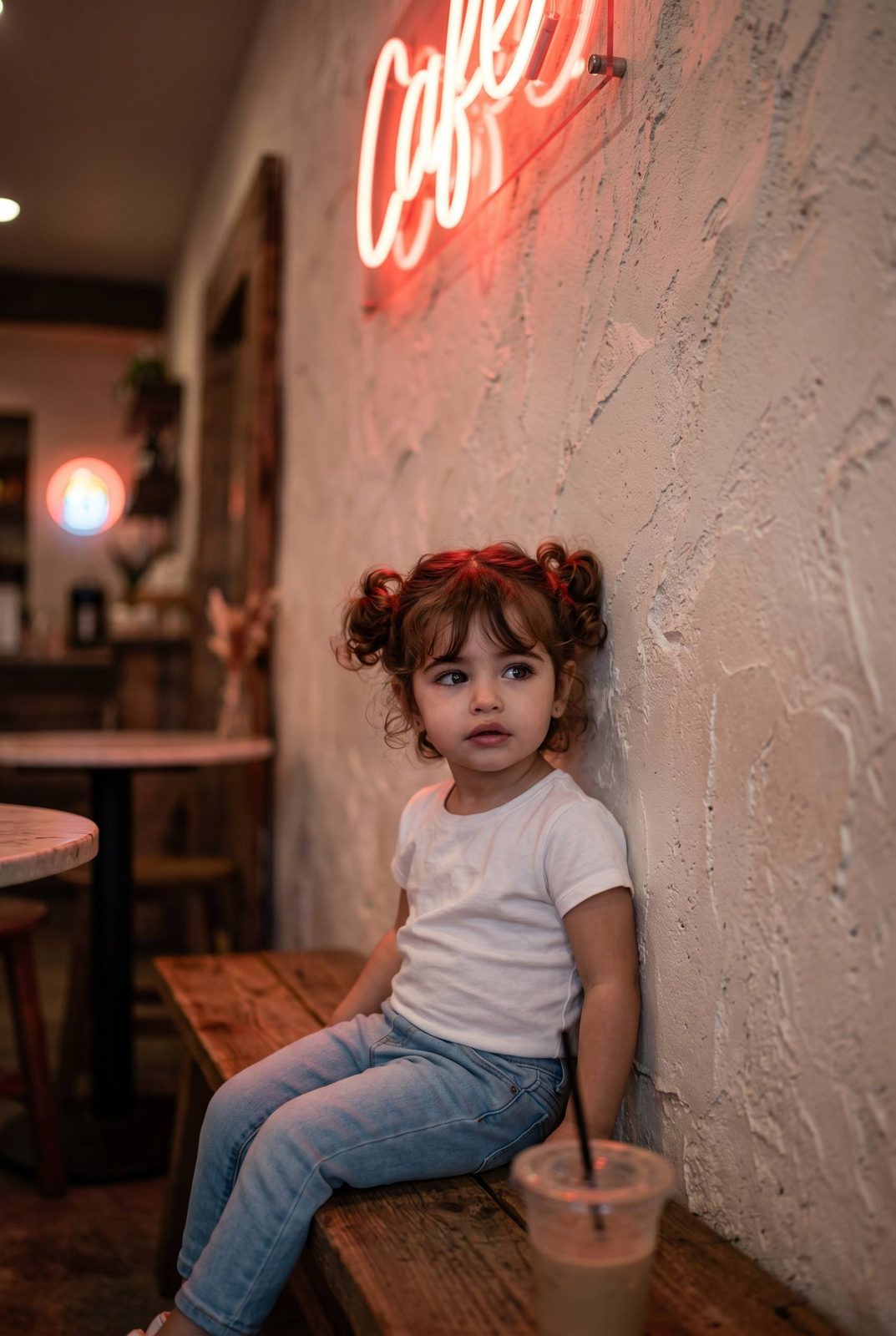 A toddler sitting sideways on a wooden bench in a cozy café, illuminated by a glowing red neon sign.