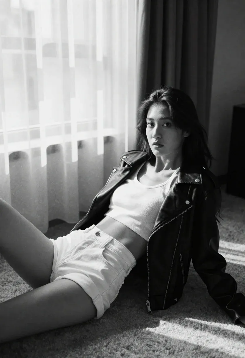 Young Woman With Long Hair Reclines Carpeted Floor While Looking