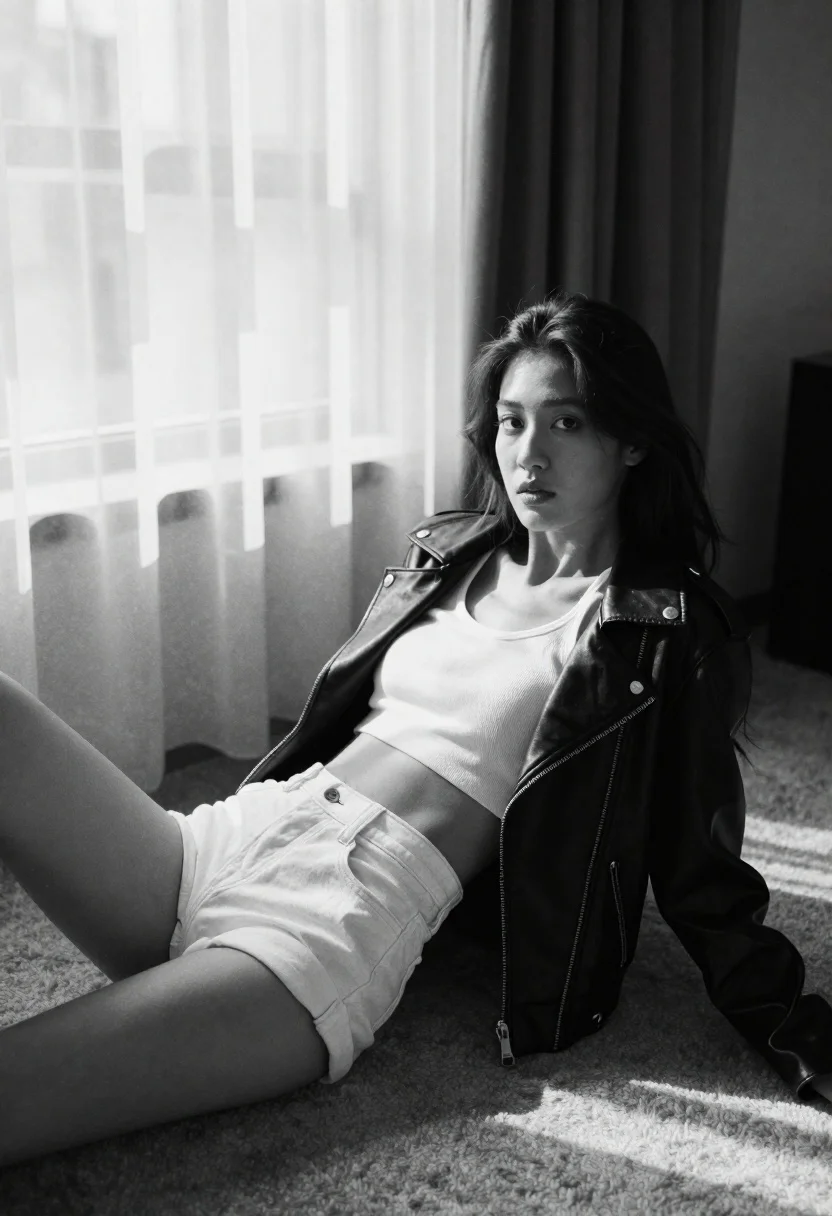 Young Woman With Long Hair Reclines Carpeted Floor While Looking reference photo