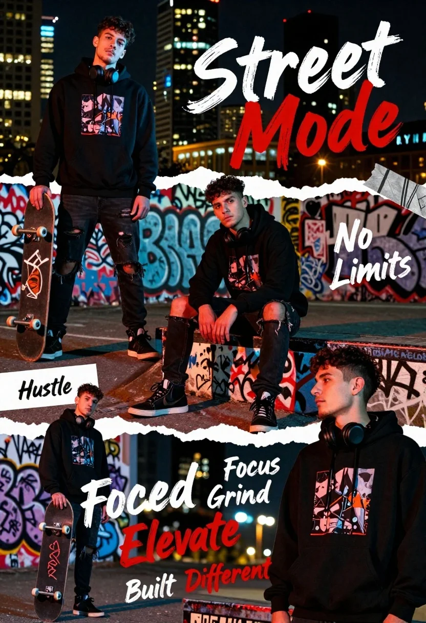 Dynamic Collage-style Poster Featuring Young Man Various Streetwear Poses Against