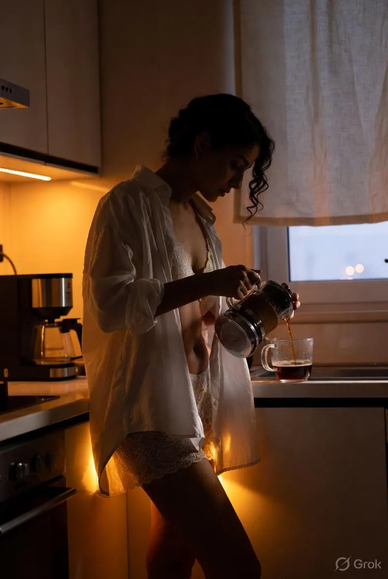 Dimly Lit Kitchen Pouring Coffee Warm Golden Lighting
