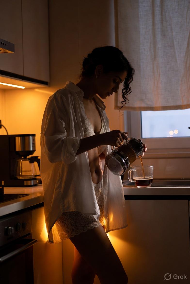 Dimly Lit Kitchen Pouring Coffee Warm Golden Lighting