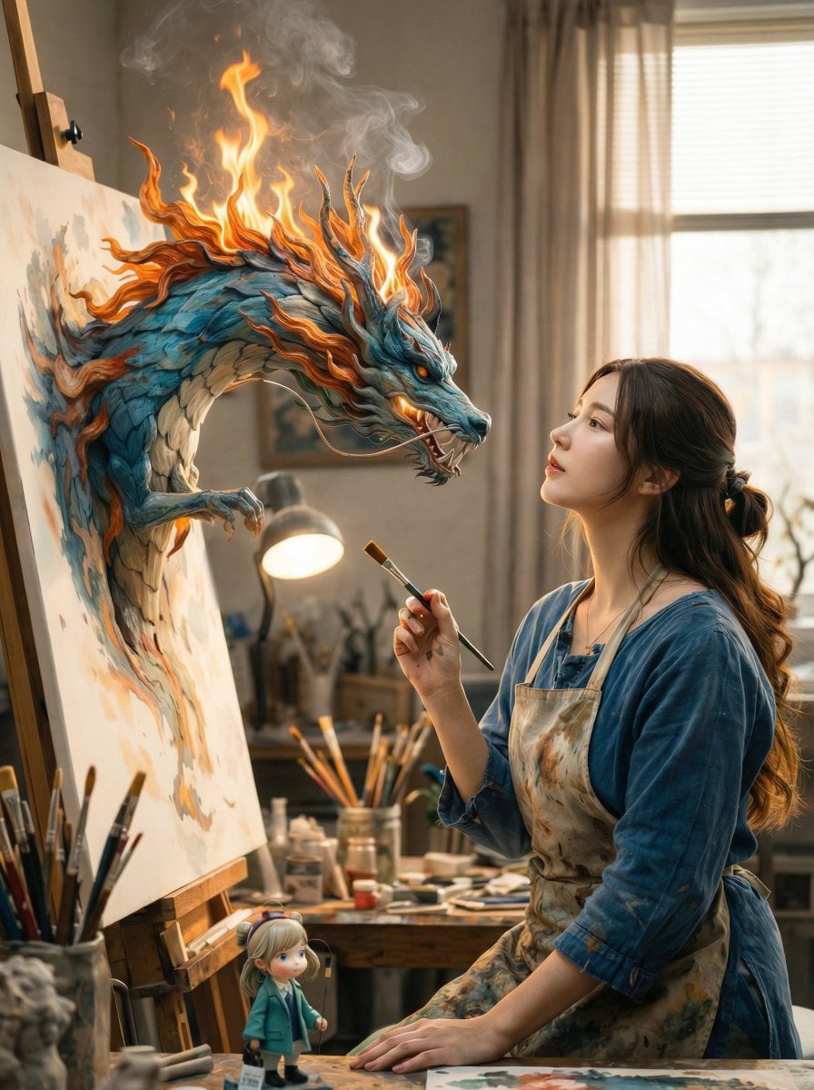 Artist Studio Painter Dragon Emerges From Canvas