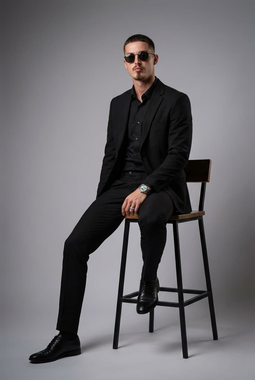 Full body portrait of a man in a minimalist studio, dressed in a blazer and trousers, confidently posed on a wooden stool.